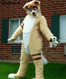 Beige Long-fur Fursuit Dog Mascot Costume Fox Outfit Adult Stage Performance Fancy Party Fancy Dress for Halloween