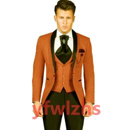 Handsome One Button Man's Suits Shawl Lapel Groom Tuxedos Groomsmen Wedding/Prom/Dinner Man Blazer Jacket Pants Vest Tie N053