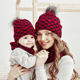 Hair Accessories Baby Hat Scarf Mommy Parent-child 4PCS Set Kids Winter Plaid Knit Warm Hats Girls Boys Children Hairball Outdoor Caps KBH34