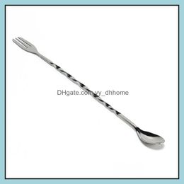 Spoons Flatware Kitchen Dining Bar Home Garden 26Cm Stainless Steel Long Mixing Spoon Spiral For Cocktail Drinking Two Head Forks Drop