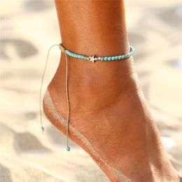 Huitan Bohemia Style Blue Beads Anklet Bracelet for Women Delicate Shell Star Charm Barefoot Foot Chain Accessories Boho Jewellery