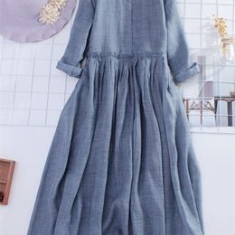 Summer Japan Style Cotton Linen Long Sleeve O Neck Drawstring Dresses Large Swing Solid Maxi Shirt Dress for Women 226014