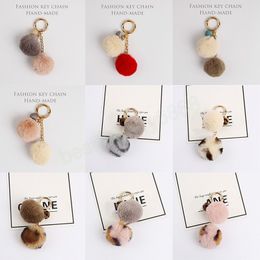 rabbit ring holder UK - Soft Artificial Rabbit Fur Keychain Plush Ball Key Ring Cute Double Pompom Bag Charms for Women Girls Car Key Chain Holder