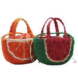 Funny Watermelon Straw Handbags Rope Woven Orange Shoulder Crossbody Bags Casual Summer Beach Bag Braid Small Basket Tote Purses 220427