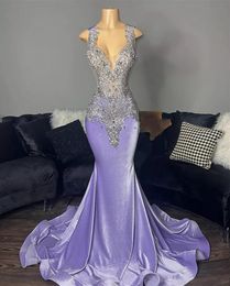 Light Purple Veet Mermiad Prom 2022 för svarta flickor med pärlor spaghetti examen klänningar födelsedagsfest klänningar
