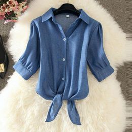 Women's Blouses & Shirts Elegant Woman Summer Shirt Short Sleeve Cropped Top Casual Down Collar Button Blouse Female Ladies Workwear Clothes