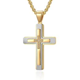 Pendant Necklaces Body Jewellery Wholesale Stainless Steel Multi Layer Zircon Setting Gold Cross Necklace For Men 43.5 29MMPendant