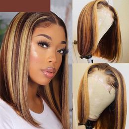 Ombre Brown Straight Bob Brazilian Wig Short Lace Frontal Wigs For Black Women Highlighted Synthetic Closure Wigs
