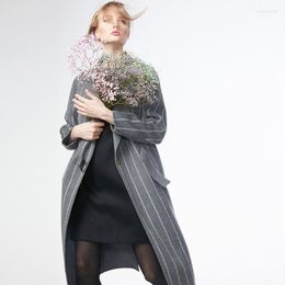 Women's Wool & Blends Winter Long Jackets And Coats Women European Brand Gray Striped Coat Female Windbreaker Casual Tops LX1923 Bery22