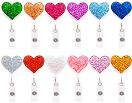 12 Pack Bling Heart Retractable Badge Reel Office ID Holder with Alligator Clip, Lightweight, 24" Easy Retracting Cord Glittering Powder Epoxy Love Nurse Gifts