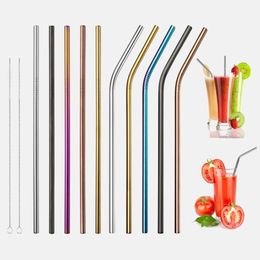 Metal Reusable 304 Stainless Steel Straws Straight Bent Drinking Straw With Case Cleaning Brush Set Party Bar accessory for Car Cup Bottle(each in opp bag)