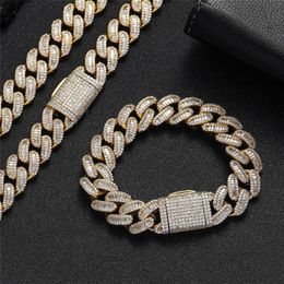 15mm Width 16-24inch Gold Plated Bling Full CZ Stone Cuban Chain Necklace Bracelet Links Punk Hiphop Rapper Street Jewelry for Men