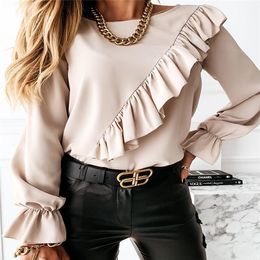 Women's Blouses & Shirts Autumn Women Clothes Ruffle Trim Tops Office Lady Long Sleeve Round Neck Plain Slim Fitting