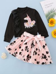 Toddler Girls Unicorn Print Contrast Lace Pullover & Polka Dot Belted Pleated Skirt SHE