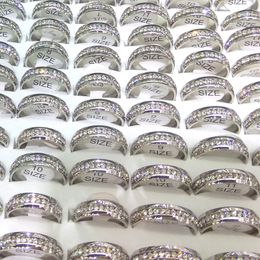 50pcs Silver Colour Stainless Steel Band Rings 6mm Width Clear Rhinestone Surrounding Mixed Size