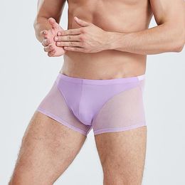 Underpants Men Solid Color Panties See-through Mesh Patchwork Bulge Pouch Boxer Briefs Lingerie Underwear Low Waist ShortsUnderpants