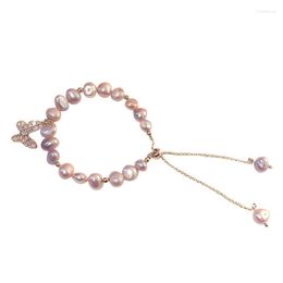 Beaded Strands Baroque Freshwater Pearl Bracelet Women's Micro Inlaid Butterfly Metal Drawstring Charm Trum22