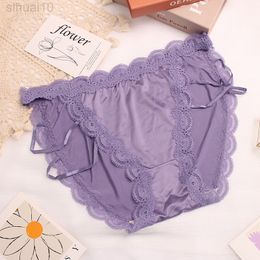 Women Sexy Hollow Out Lingerie Satin Briefs Mid Waist Transparent Lace Plus Size G-string Female Intimate Seamless Underwear L220802