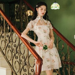 Casual Dresses Chinese Style Summer Women Mini Dress Stand Collar Apricot Dot Floral Gorgeous Vintage Elegant Chiffon With LiningCasual