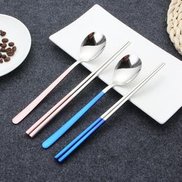 Flatware Sets 18/10 Korean Stainless Steel Chopsticks Spoon Set Long Handle Non-slip Dessert Spoons Dinnerware SetFlatware FlatwareFlatware
