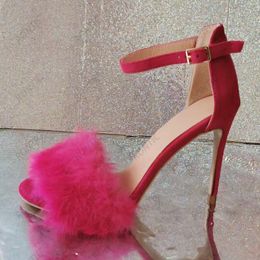 Olomm 2023Women Summer Ankle Strap Sandals Faux Fur Stiletto Heels Open Toe Beautiful Fuchsia Dress Shoes Women US Plus Size 5-20