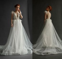 Princess A-Line Wedding Dresses Bridal Gowns Deep V Neck Feather Lace Tulle Sleeveless Satin Backless Appliques Sequins Floor Length Court Train robe custom made