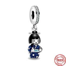 925 Sterling Silver Dangle Charm Japanese Doll in Blue Kimono Beads Bead Fit Pandora Charms Bracelet DIY Jewelry Accessories