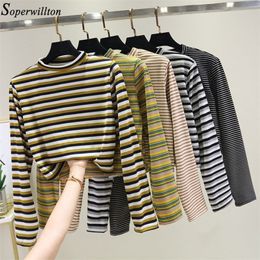 Women Crop Top Long Sleeve T Shirt Striped 2020 Short Sexy T-shirt Feminina Knitted Tshirt Streetwear Female Clothes Black T1 T200525