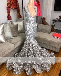 Sparkly Sexy Silver Mermaid Prom Dress 2022 for Black Girls Sequins Ruffles Aso Ebi Birthday Party Gowns Robe De Bal Custom