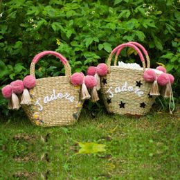 Beach Bag for Women Cute Handmade Straw Bags Tassels Pom Summer Vacation Handbags Drawstring Basket Bag Travel Tote 220616