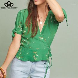 Women's Blouses & Shirts 2022 Summer Short Sleeve Loose Blouse Vintage Print Floral Female Boho Sexy V-Neck Lady Lace-Up Tops Wonder Store