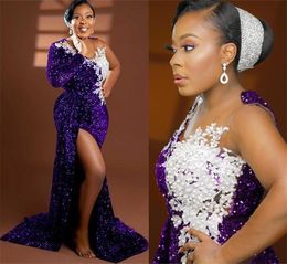 2022 Sexy African Purple Prom Dresses Scoop Neck Illusion Sequined Lace Beaded Mermaid Side Split Sequins Evening Dress Party Pageant Formal Gowns Long Sleeves