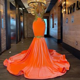 Orange Velvet Backless Prom Dresses Mermaid Deep V Neckline Beaded Evening Gowns Appliqued Sweep Train Plus Size Special Occasion Formal Wear