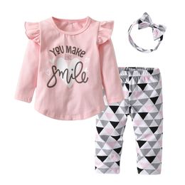 born Baby Girl Clothes Pink Sleeve Ruffle TopsGeometric PantsHeadband Infant Toddler Baby Girls Clothing Set LJ201223