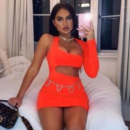 Casual Dresses Woman Summer 2022 Orange Irregular Hollow Out One Shoulder Short Dress Women Ladies Night Club Neon Bodycon Mini