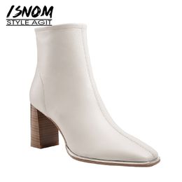 Genuine Leather Ankle Boots Women Thick High Heels Booties Square Toe Shoes Female Zip Ladies Party Shoes Winter Boots 201031