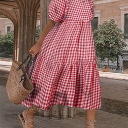 Summer Dress VONDA Fashion Women Short Sleeve Vintage Plaid Printed Sundress Robe Loose Bohemian Pleated MidCalf Vestidos 220527