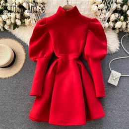 Autumn Winter Puff Long Sleeve Dresses For Women Party Christmas Turtleneck Slim A-Line Elegant Year Woman Red Dress 220317