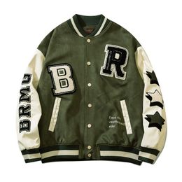 Embroidery Letters Fleece V-neck Green Baseball Jackets Men Grunge Brown Winter Clothes Vintage Men's Coat Streetwear