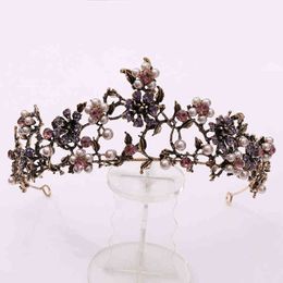 pearl diadem UK - Baroque Vintage Black Purple Crystal Pearls Bridal Tiaras Crown Rhinestone Pageant Diadem Veil Tiara Wedding Hair Accessories H220414