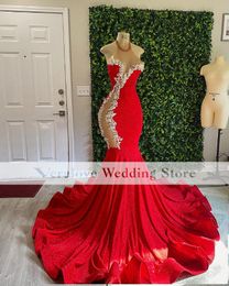 Sparkly Red Mermaid Prom Dresses 2022 Halter Neck Appliques Formal Party Dress Plus Size Gala Evening Gowns
