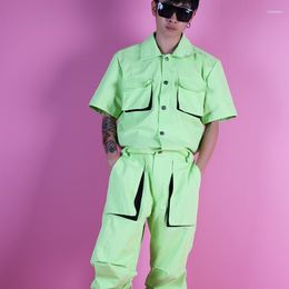 Men's Pants Jumpsuit Men Light Green Partial Fluorescent Tooling Set Three-dimensional Bag Hip Hop Street Dance Costume Drak22