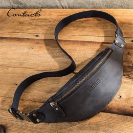 CONTACTS 100% Crazy Horse Leather Waist Packs Travel Fanny Pack For Men Bag Male Belt Multifunction Chest 220813