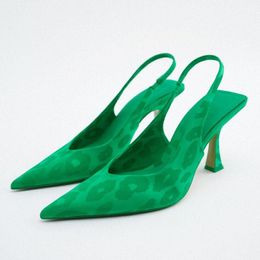 Dress Shoes High Heels Women Green Print Leopard Heeled Pumps Female Elegant Pointed Toe Sandals Sexy SandalsDress