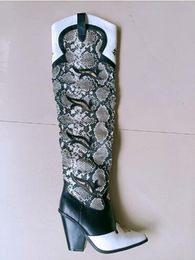 Winter Women's Fashion Black White Mixed Colour Python Pointed Toe Knee High Boots Spike Heels Tube Long Chelsea Long Boots Shoes