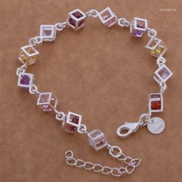 Link Chain Exquisite Silver Color CZ Colour Crystal Bracelet 2022 Fashion Women Square Daily Wear Jewelry Party Gift