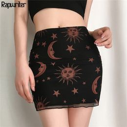 Rapwriter Fashion Harajuku Print Patchwork Mesh Mini Skirt Women 2020 Streetwear Summer Sexy High Waist Pencil Skirts Wrap Skirt LJ200819