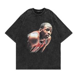 Mens T-Shirts Fashion Spring Summer Tops For Men Washing Water T-shirt Basketball MJ Print Oversize Ins