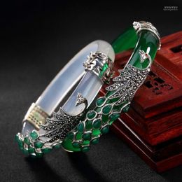 Sterling Silver Bracelet Women Thai Chalcedony Bangle Jade Vintage Marcasite Peacock Bangles Fine Jewelry Inte22