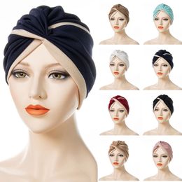 New African Headtie Twist Indian Hat Two Colour Stitching Forehead Cross Fold Hijab Caps Muslim Women's Headscarf Bonnet